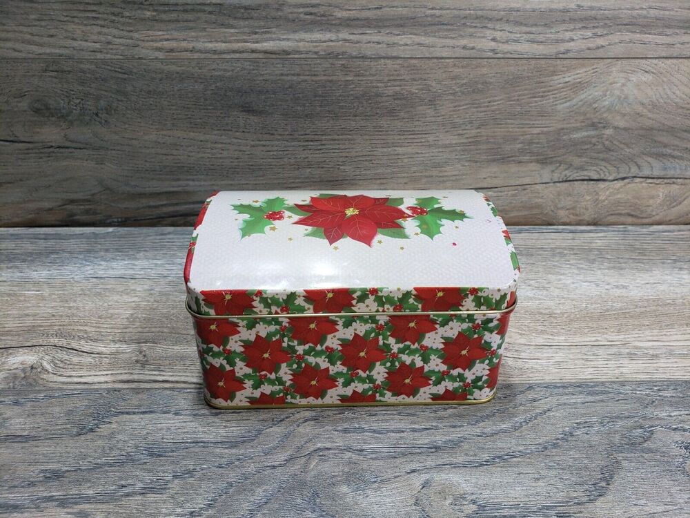 Greenbrier Christmas Chest Tin Red Poinsettias Empty